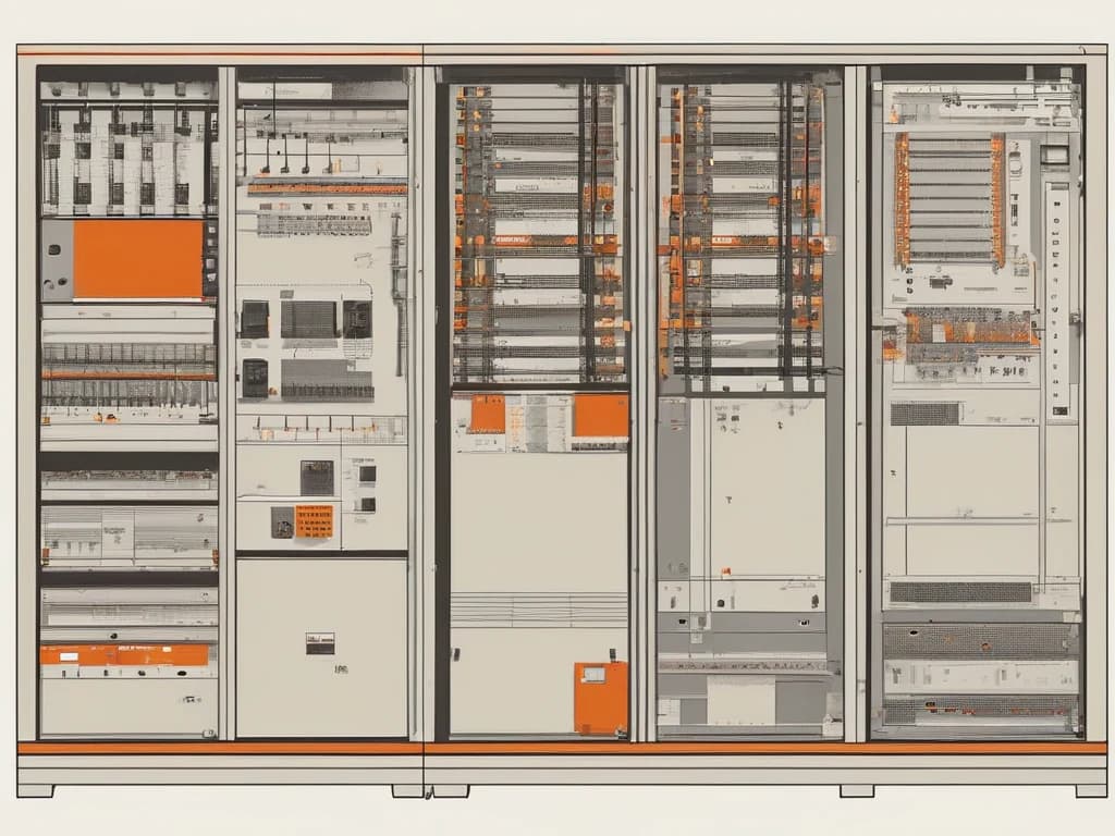 Electrical control cabinet — PLC modules on DIN rail and terminal blocks